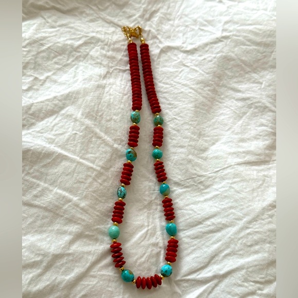 Coral and Kingman Turquoise Beaded Necklace - Picture 1 of 8